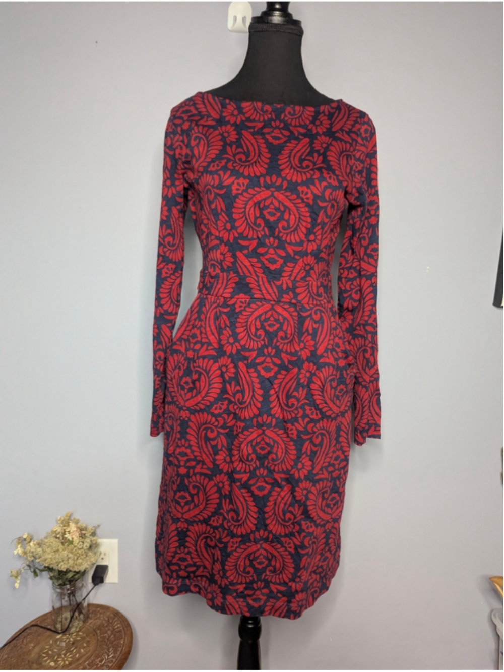 Boden Florrie Red Navy Paisley Long Sleeve Pockets Dress US 6 UK 10 Cotton